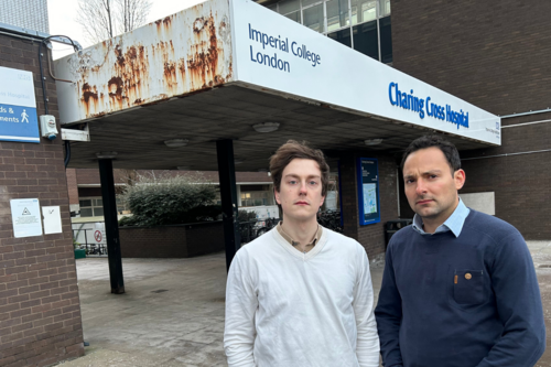 Blaise Baquiche and Philipp Rader outside Charing Cross Hospital