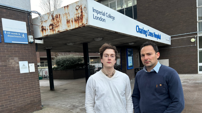 Blaise Baquiche and Philipp Rader outside Charing Cross Hospital