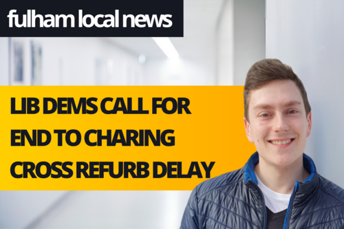A photo of Philip Rader in a hospital corridor beside the headline "Fulham Local News: Lib Dems call for end to Charing Cross Repair Delay"