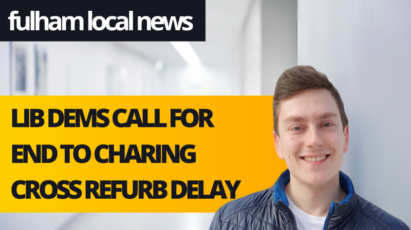 A photo of Philip Rader in a hospital corridor beside the headline "Fulham Local News: Lib Dems call for end to Charing Cross Repair Delay"