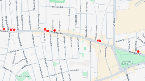 Location of the 12 shops with notices